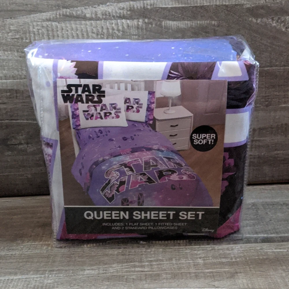 Star Wars Lavender Galaxy Queen Sheet Set with White Logo Pillowcases